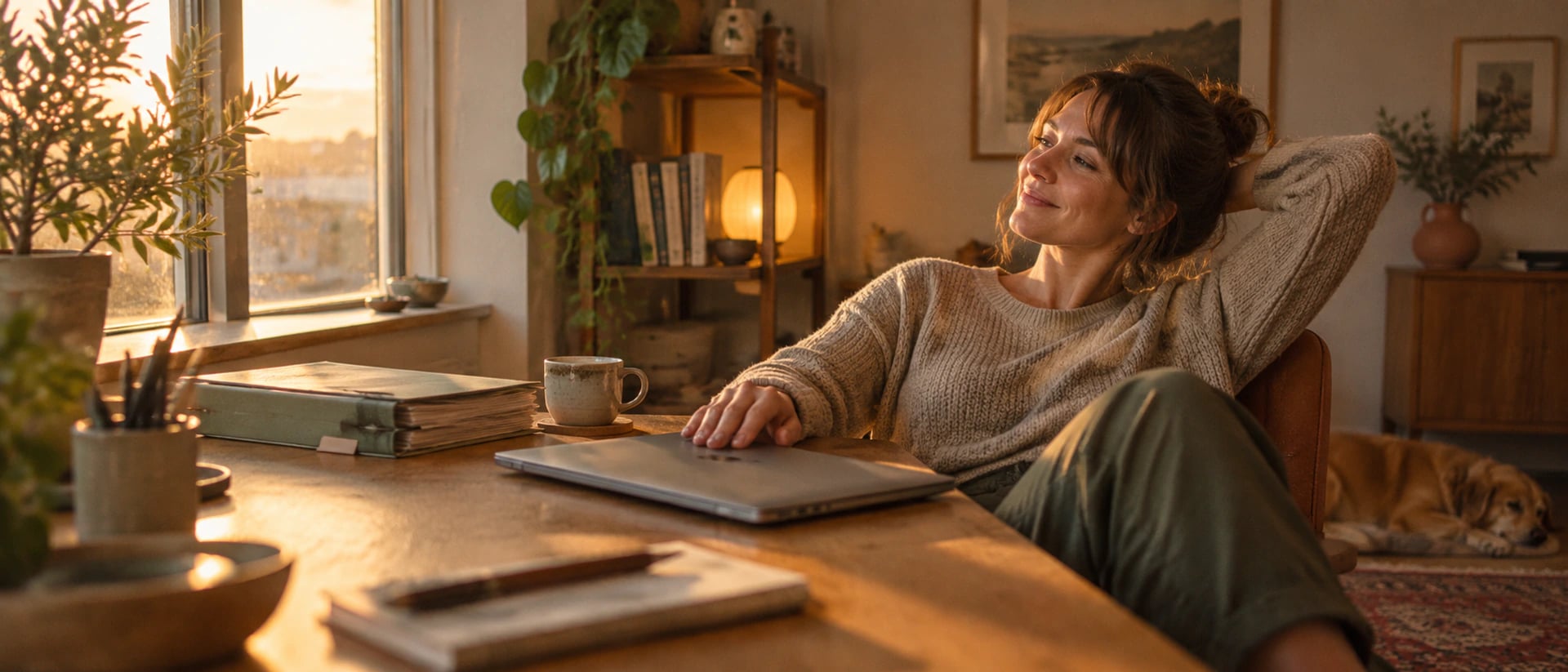 Een zzp'er leunt tevreden achterover aan een houten bureau in het avondlicht, met een dichtgeklapte laptop, een mok koffie en een slapende hond op de achtergrond