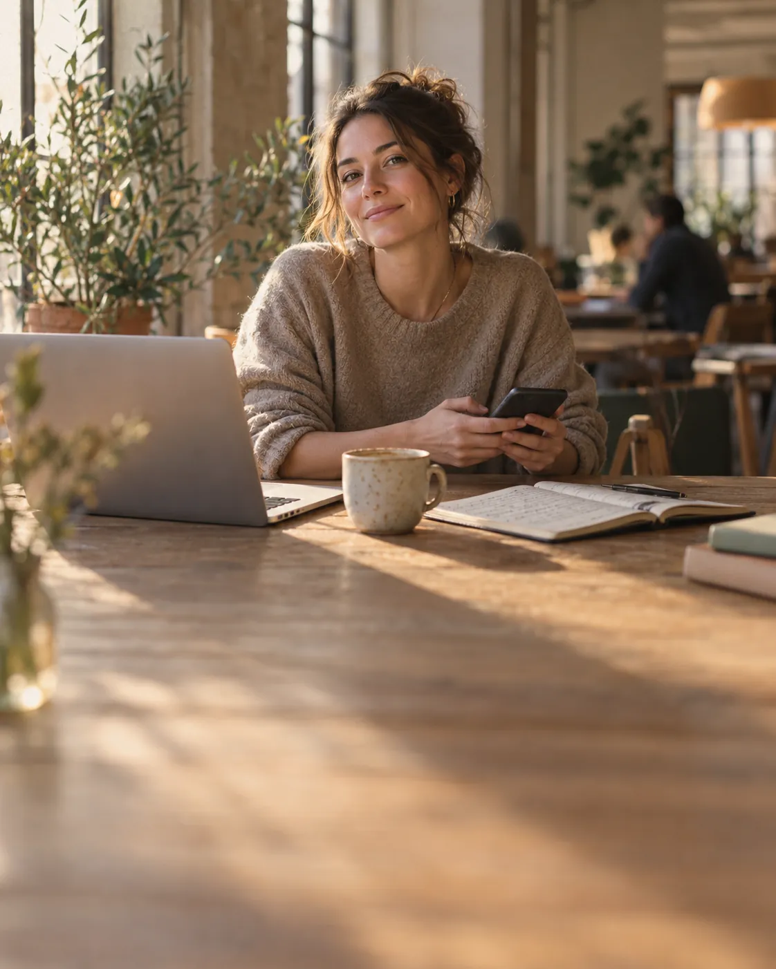 Een freelancer kijkt glimlachend op van haar telefoon, aan een houten tafel met laptop en koffie in een lichte werkruimte