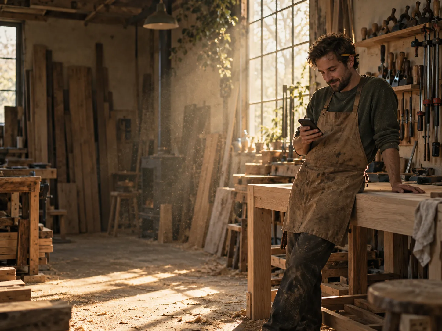 Een timmerman leunt tegen zijn werkbank en kijkt op zijn telefoon, in een zonnige werkplaats vol zaagsel