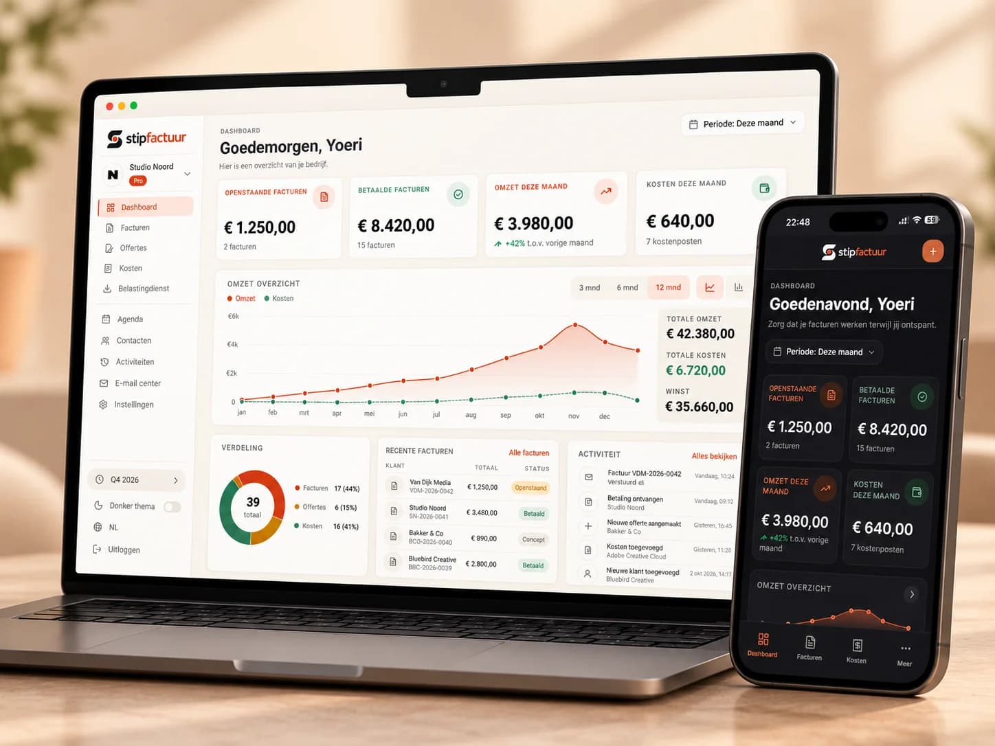 The Stipfactuur dashboard on a laptop and a smartphone, with outstanding and paid invoices, revenue and expenses