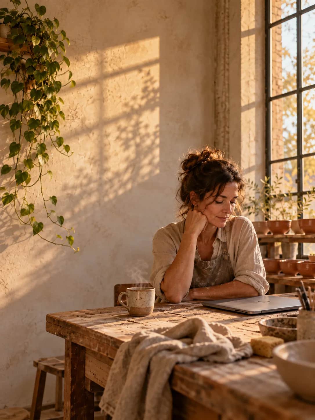 A ceramicist sits at her workbench in warm evening light, next to a closed laptop and a steaming mug, with rows of terracotta bowls on the shelf behind her