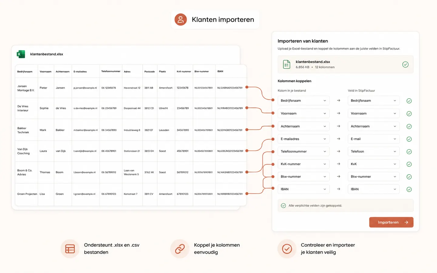 Voorbeeld van een Excel-klantenbestand dat gekoppeld wordt aan velden in de StipFactuur-import