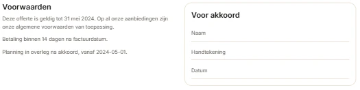 Voorwaardenblok in offerte met handtekening